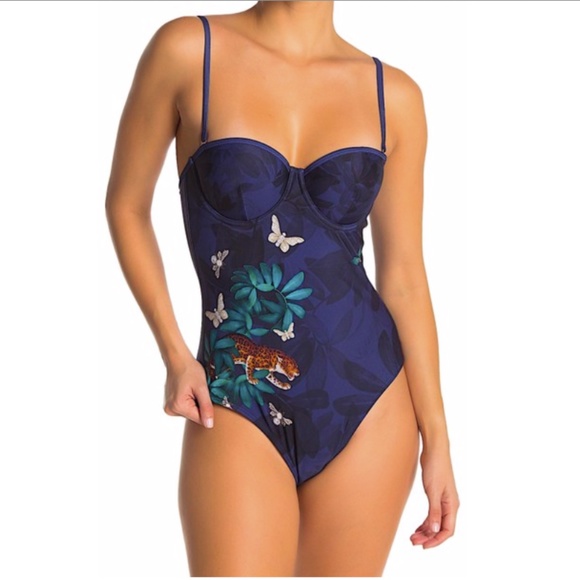 Ted Baker Multi with Tag Leopard Detail Removable Strap Swimsuit One-piece Bathi - Picture 1 of 14